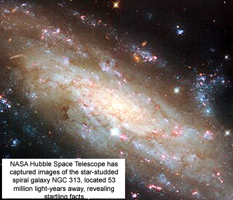 NASA Hubble Space Telescope has captured images of the star-studded spiral galaxy NGC 313, located 53 million light-years away, revealing startling facts