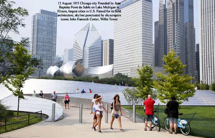 12 August 1833 Chicago city Founded by Jean Baptiste Point du Sable on Lake Michigan in Illinois