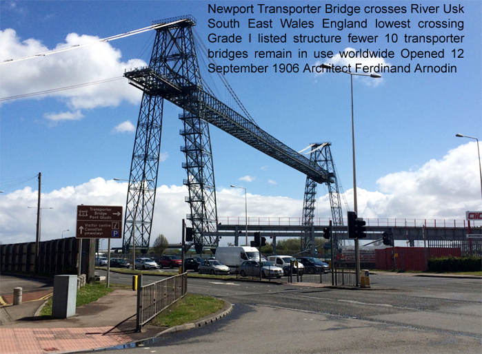 12 September 1906 Newport Transporter Bridge opened by Viscount Tredegar in Newport, South Wales, England. Newport Transporter Bridge, crosses River Usk, South East Wales, England, lowest crossing